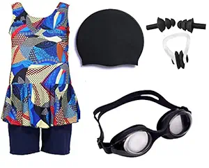 Golden Girl Girls Swimming Kit with Swimming Costume Swimming Goggles Silicone Swimming Cap 1 Nose Clip 2 Ear Plugs (Black_14-15 Years)