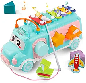 SquareCube Intellectual School Bus Toy, Xylophone Baby Toys 12-18 Months, Baby Girl Toys Push & Pull Music Toys for 1 Year Old Girl Boy Gifts, Toddler, Preschooler, Kids Birthday Favors