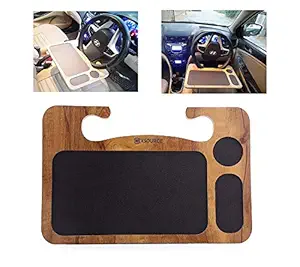 Shopfork Food Tray for Car Multi Functional Laptop Tray for Car Steering Food Tray Table with Drink Holder Car Tray Table Desk Drinking Tray Wooden Material with Leather Surface