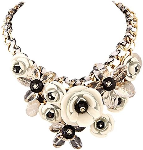 DELEY Women Flower Charm Crystal Chunky Chain Bib Statement Choker Collar Necklace Beige