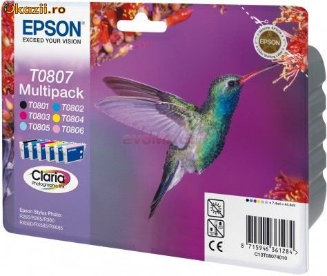 Original Tinte Epson T0807 C13T08074010 - 6x Premium Drucker-Patrone - Schwarz, Cyan, Magenta, Gelb, Light Cyan, Light Magenta - 220 Seiten - 7,4 ml