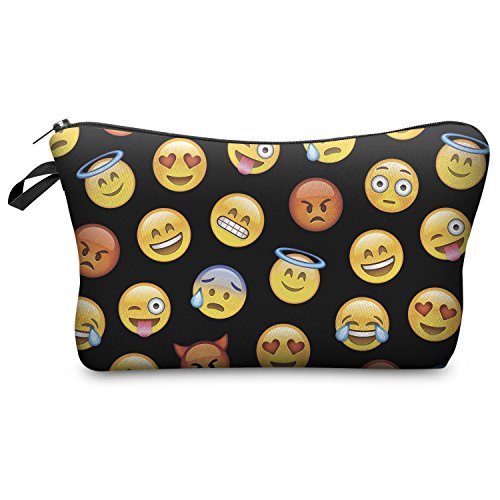Women's Girls Make Up Bag Wash Bag Toiletry Cosmetics Wallet Pencil Pen Holder Organiser Pouch Case (L22 x H14 x W8 cm, EMOJI BLACK)