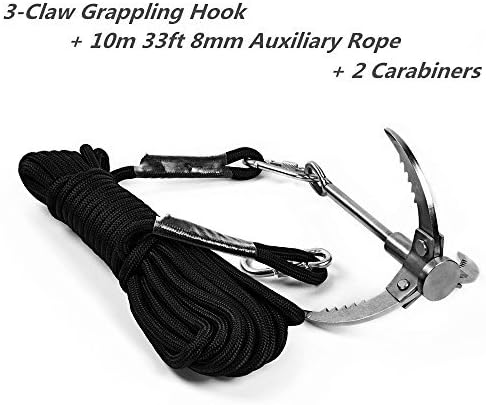 Cyfie Grappling Hook, with 10m/33ft 8mm Auxiliary Rope Upgraded Claw Stainless Steel Carabiner for Outdoor Activities EDC Tool In Your Bug Out Bag