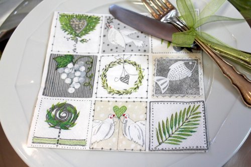 20 Servietten Symbole Grün Grau Weiß Kommunion Konfirmation Taufe Fisch Tischdeko - 3