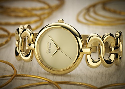 Citizen Women's Silhouette Eco Drive Watch with Yellow Dial Analogue Display and Silver Stainless Steel Gold Plated Bracelet EM0222-58P