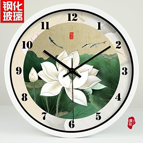Pingofm Chinese ink pencils lotus clocks and clocks Hotel decoration bell art quartz bell quiet tone wall hanging watch 87 wall clock,14 inches, white metal frame