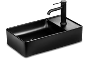 STILFORM Gäste WC Keramik Waschbecken für Wandmontage oder Aufsatzwaschbecken mit Hahnloch in 46 x 25 cm in Brillant Weiß oder Schwarz matt