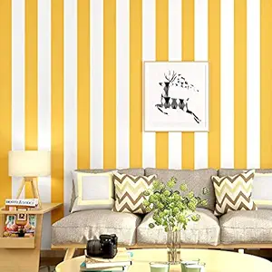 Wolpin Wall Stickers DIY Wallpaper for Hall (45 x 500 cm), Vertical Stripes Home Office Modern Design, Self Adhesive Decals, Yellow