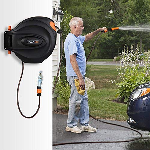 TACKLIFE Carrete para Manguera, 20+2m Manguera de Riego, Retirar Automáticamente, Bloquear en Cualquier Posición, Dispositivo ferroviario, Boquilla y Soporte Ajustables - GHR1A