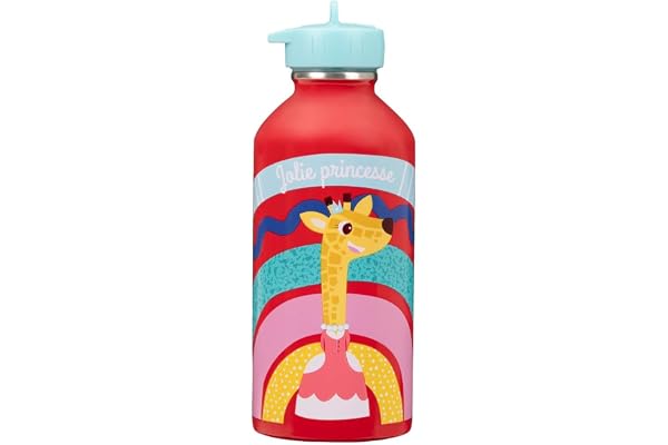 Gourde enfant Acier inoxydable DRAEGER PARIS - Facile à nettoyer - gourde réutilisable - Idéale pour parc, école - Contenance 300ml - 17 cm x 6,5 cm - Rouge multicolore - Jolie princesse - Girafe
