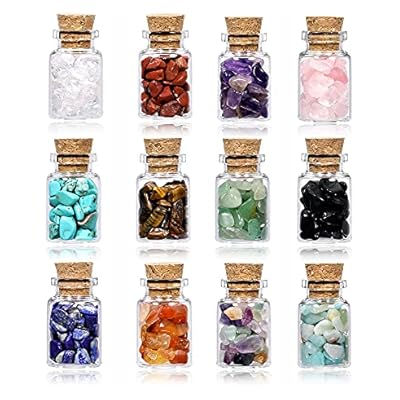 Jsdde 12 Mini Crystals Stone Chip Bottles Healing Crystal Tumbled Gemstone Wishing Bottles Wicca Stones Set For Balancing Meditation Home Decoration