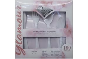 Decor Decorline - Ensemble de couverts et réutilisables en plastique durable - 180 pièces - 80 fourchettes, 40 couteaux, 40 cuillères et 20 Cuillières à café - Glamour Collection - Blanc