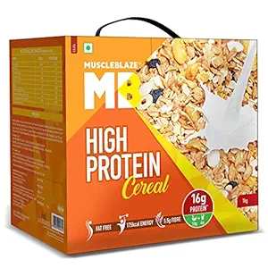 MuscleBlaze High Protein Breakfast Cereal, 16 g Protein, Fibre Rich, Trans Fat Free, Antioxidant-Rich, Ready to Eat Healthy Snack (Unflavoured, 1 kg / 2.2 lb)