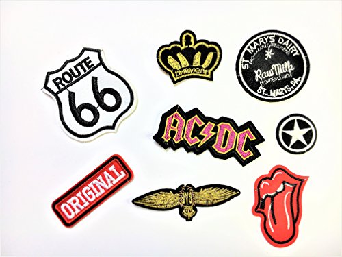 Patch Sticker 8 Stück Aufnäher Kleidung Patch AC/DC, Route 66, Zunge, Original, Stern, und Mehr