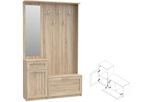 FURNITURE24 NIKO NIKD04 Hallway Coat Rack with 1 Door, 1 Folding Door, Mirror, Drawer and 5 Coat Hooks (Sonoma Oak)