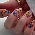 24 Pieces, Almond-Shaped Press-On Nails Set with 3D Flowers, Nail File & Glue Included