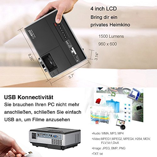 Android Beamer WIFI Projektor LED 1500 Lumen Video Projektor unterstÃ¼tz 1080p / 720p mit HDMI VGA USB AUDIO Eingang fÃ¼r Smartphone PC Laptop PS4 Xbox, integrierte Lautsprecher