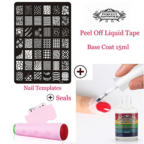 Perfect Summer Nail Art Image Plate + Nail Stamper Stamping + Scraper + 15ml White Color Peel Off Liquid Tape Base Coat Protect Skin DIY Manicure Kit Tools