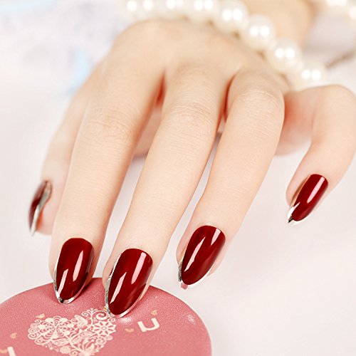 YUNAI Burgund/Tiefrot mit Silber Gefälschter Nagel vollständige Abdeckung Stilett Falsche Nägel - 4
