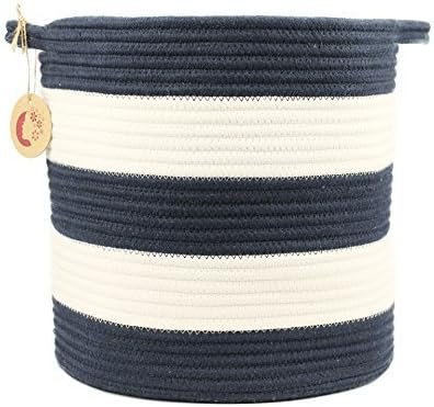 Striped Cotton Rope Woven Storage Baskets with Handles Clothes Hamper Toy Storage Nursery Bins Home Decorations by Orino, Dark Blue and White