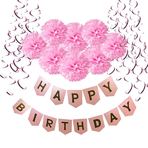 Geburtstag Dekoration, Wartoon Happy Birthday Girlande mit 15 Spiralen Dekoration und 8 Seidenpapier Pompoms für Geburtstag Dekoration, Rosa