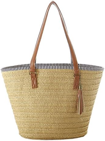 Women New Straw Handmade Large-Capacity Zip Closure Top-Handle Shoulder Bags Beach Tote, Brown