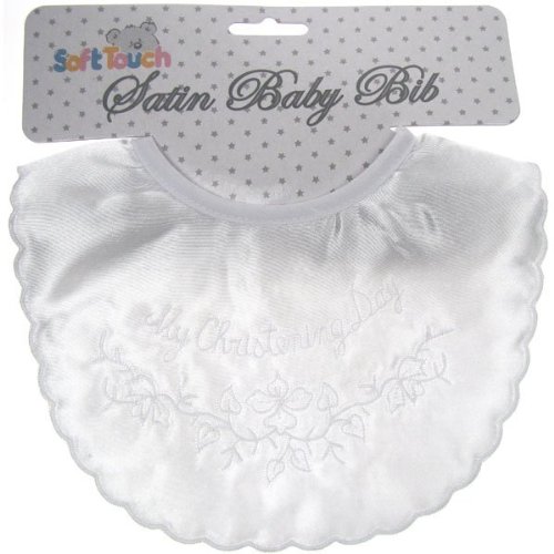 Baby White satin christening embriodered bib
