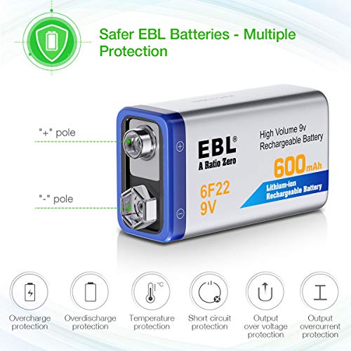 EBL 840 9V Battery Charger with 4 Pack 600mAh Li-ion Rechargeable 9 Volt Batteries