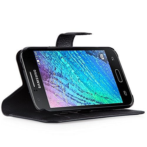Cadorabo – Book Style Hülle für Samsung Galaxy J1 – 5 (Modell 2015) – Case Cover Schutzhülle Etui Tasche mit Standfunktion und Kartenfach in PHANTOM-SCHWARZ - 5