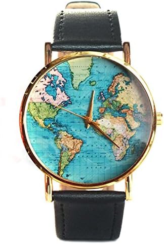 Old Map Blue Ocean World Map Earth Women Ladies Oversized Black Leather Watch