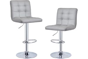 Panana Lot de 2 Tabourets de Bar, Chaises Haut, Hauteur Réglable, Revêtement en PU, Rotatif sur 360°, avec Dossier et Repose-Pieds, Pied Chromé (Gris)