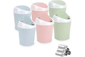 6 Stücke Mini Mülleimer, QLFJ-FurDec Tischmülleimer mit Schwingdeckel mit 12 Rollen Müllsäcke, Kompaktes Design Mini Kosmetikeimer 10*12*17cm, Tischabfalleimer für den Waschtisch (Blau, Rosa, Grün)