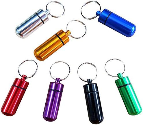 Pretty See Mini Pill Holder Waterproof Portable Pill Bottle Container Aluminium Alloy Keychain Bottlewith Sealed Ring, Suitable for Camping,Hiking and Fishing, Set of 7
