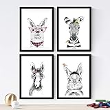 Sin marco Set de 4 láminas de Animales Infantiles Con Gafas Y Gorros ,en tamaño A4, Poster papel 250 gr alta calidad. Con Marco