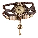 DDLBiz® Quarz-Weave um Leder Schlüssel Armband Dame Frau Armbanduhr (Braun)