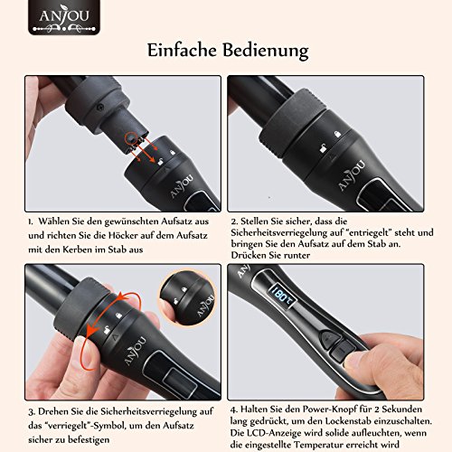 Lockenstab, Anjou 5 in 1 Multifunktion Austauschbare Lockenwickler Kit (9mm – 32mm), schnell erhitzender Friseurlockenstab Schwarz (Perfekte Geschenkidee zum Muttertag) - 7