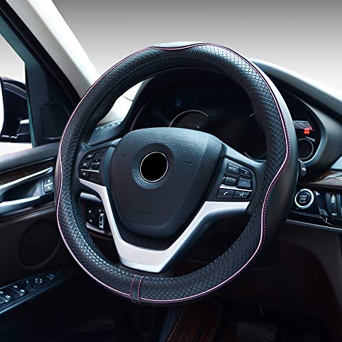 FLKAYJM Universal Auto Lenkradhülle Lenkrad Abdeckung Heavy Duty Lenkradbezug aus echtes Leder 38CM / 15'' Anti Rutsch Lenkradabdeckung Lenkradschoner - Schwarz & Pink