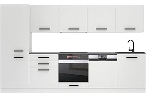 B BELINI GROUP Belini, Rose - Cucina monoblocco, 300 cm, cucina componibile, senza elettrodomestici, con armadietti pensili e mobiletti, con piani di lavoro, bianco opaco