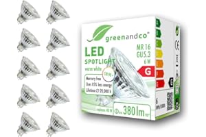 greenandco 10x Spot LED IRC 90+ MR16 GU5.3 | 6W 380 lm | 3000K blanco cálido | 36° | 12V AC/DC | no regulable