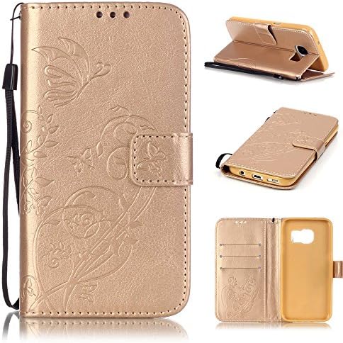 Uming® Embossed Embossing Butterfly Flower Bloom Print Pattern Colorful Holster Cover Case ( Gold - for Samsung Galaxy Note4 N9100 N910 ) Artificial-leather Flip with Bracket Stander Holder Credit Card Slot Wallet Hasp Magnet Button Shell Protective Mobile Cellphone Cover Bag