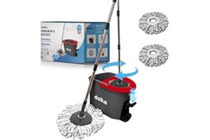 delka Spin Mop and Bucket Set – Easy Foot Pedal Water Removal, 360° Swivel Motion, Includes 2 Microfibre Mop Heads, All-Surface Cleaning, Splash Guard for Clean Mopping (Spin Mop Black and Red)