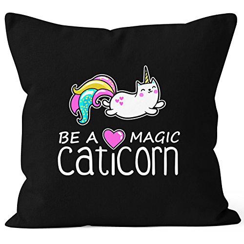 Kissenbezug Be a magic caticorn Einhorn Unicorn Kissen-Hülle Deko-Kissen 40x40 Baumwolle MoonWorks® schwarz Pullover