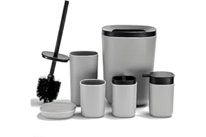 Wopeite Badezimmer Zubehör Toiletten Set 6-Teilig mit Toilettenbürste, Zahnputzbecher, Mülleimer, Zahnbürstenhalter, Seifenspender und Seifenschale für Bad und Hotel Grau
