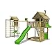 Produktbild FATMOOSE Spiel-Abenteuer GroovyGarden Combo XXL mit Turmanbau inkl. Holzdach Spielturm Kletterturm Spielhaus mit Veranda Kletternetz Hängematte Rutsche Schaukel und großem Sandkasten