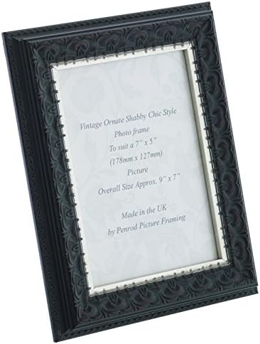 Penrod Picture Framing Handmade 7x5 inch Photo Frame. Ornate Shabby Chic Vintage Style. Black with Dark Brown Highlights and a Silver Rim Detail.