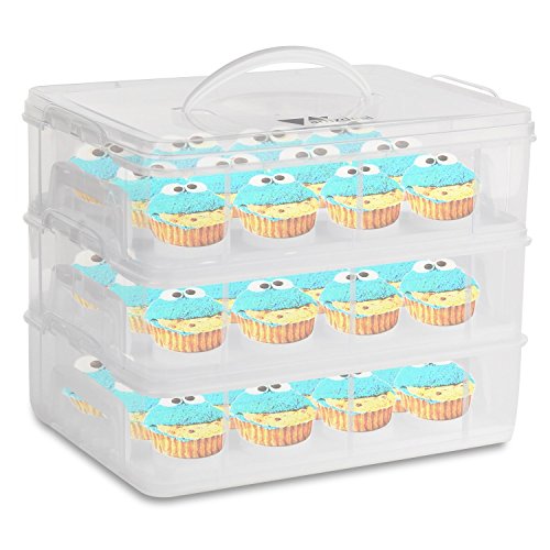 amzdeal 3 Etagen Kuchentransportbehälter 36 Cupcakes Behälter Tragbarer Transportbox für Kuchen, Cookies, Torten, Muffines Weiß