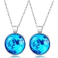 De-Ultimate (Set Of 2 Pcs) Unisex Romantic Glow In The Dark Rising Blue Moon Handmade Crystal Glass Dome Lunar Eclipse Alloy Luminous Locket Pendant Necklace With Chain