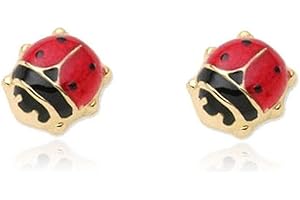 MONDE PETIT Boucles d'Oreilles Fille Enfant Émail rouge-noir Coccinelle Or Jaune 18 Carats - Certificat de Garantie - Coffret Cadeau - Mondepetit