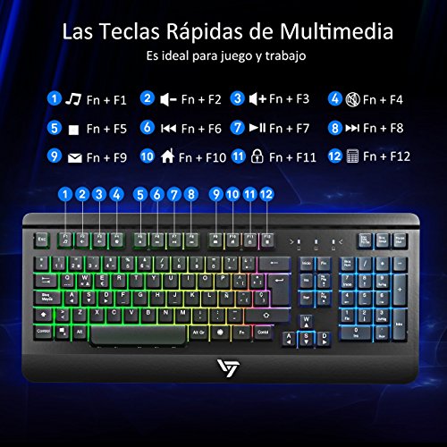 VICTSING Teclado Gaming Espa  ol USB  LED Multicolores Rainbow Retroiluminaci  n con 12 Teclas Multimedia y 19 Teclas Anti-ghosting  Teclado Retroiluminado Espa  ol de Panel Completamente Met  lico Ideal para Juegos-Negro