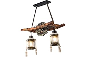 AHQX Suspension En Bois Rustique Lampe Suspendue En Chêne Vintage Table À Manger Lustre De Salle À Manger Plafonnier Industriel En Métal Rétro Lampe Industrielle Lampe De Maison Campagne Abat-Jour De Bar